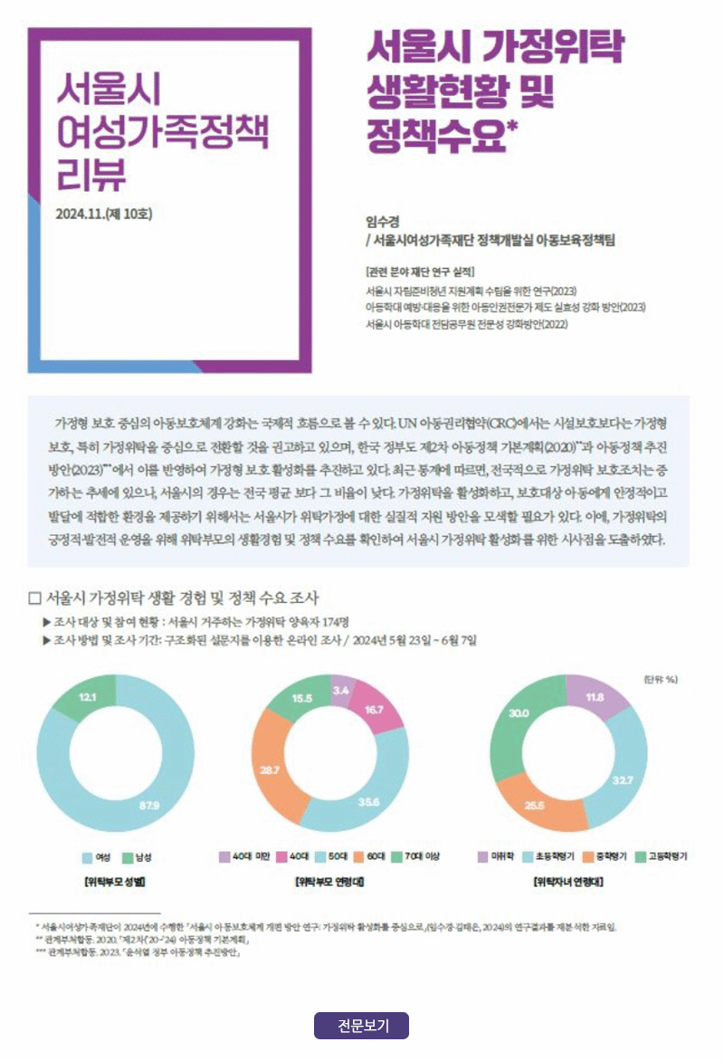 [정책리뷰 10호] 서울시 가정위탁 생활현황 및 정책수요 2024.11.20