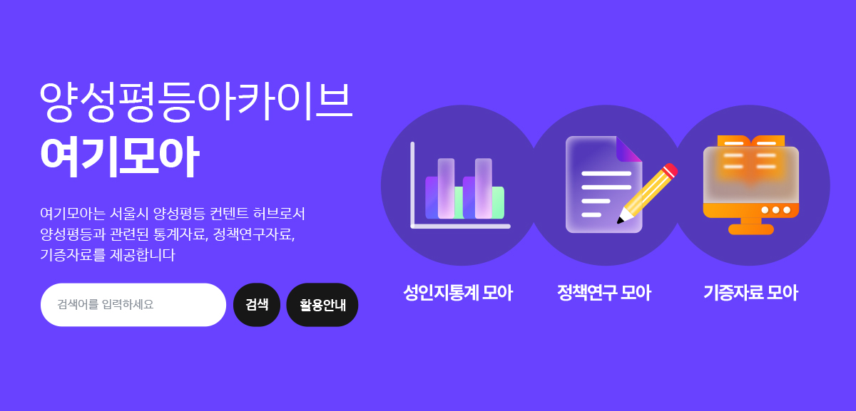 양성평등아카이브 여기모아
여기모아는 서울시 양성평등 콘텐츠 허브로서 양성평등과 관련된 통계자료, 정책연구자료, 기증자료를 제공합니다. <br>
성인지통계 모아 / 정책연구 모아 / 기증자료 모아