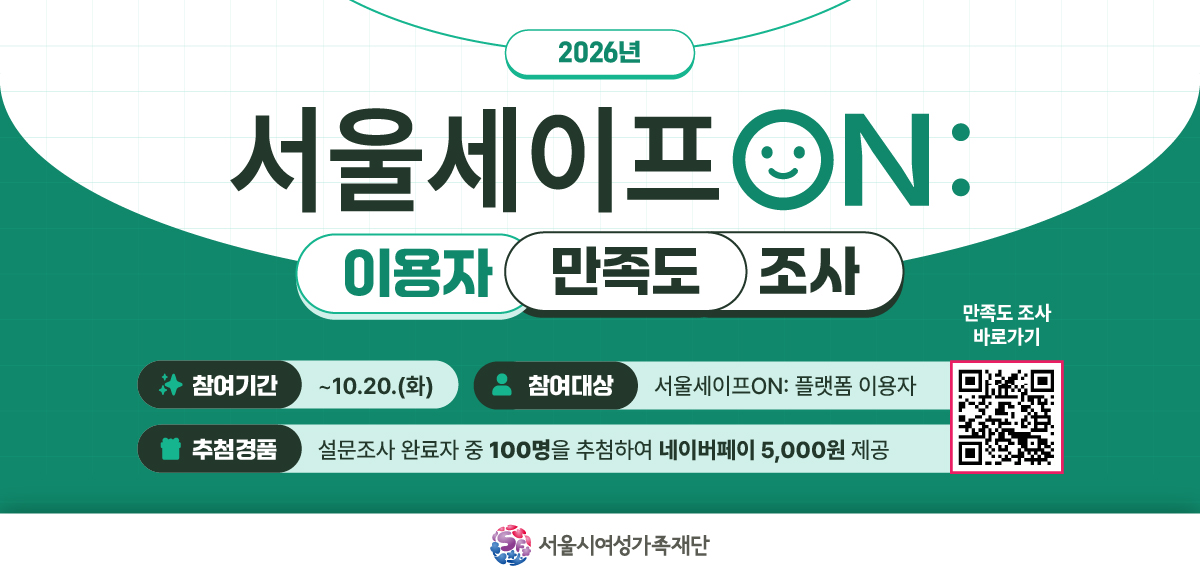 2026년 서울세이프 ON 이용자 만족도 조사 참여기간 10월 20일 화요일까지 참여대상 서울세이프ON: 플랫폼 이용자 추첨경품 설문조사 완료자 중 100명을 추첨하여 네이버페이 5000원 제공 만족도 조사 바로가기 링크(https://m.site.naver.com/2hZJc) 서울시여성가족재단