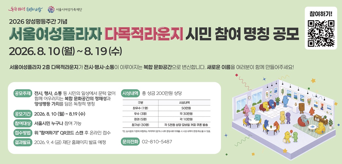 동행·매력 특별시 서울 서울시여성가족재단 2026 양성평등주간 기념 서울여성플라자 다목적라운지 시민 참여 명칭 공모 2026. 8. 10 (월) ~ 8. 19 (수) 서울여성플라자 2층 다목적라운지가 전시·행사·소통이 이루어지는 복합 문화공간으로 변신합니다. 새로운 이름을 여러분이 함께 만들어주세요! 공모주제: 전시, 행사, 소통 등 시민의 일상에서 문턱 없이 함께 어우러지는 복합 문화공간의 정체성과 양성평등 가치를 담은 독창적 명칭 공모기간: 2026. 8. 10 (월) ~ 8. 19 (수) 참여대상: 서울시민 누구나 참여 가능 접수방법: 링크 접속 후 온라인 접수 신청링크(https://m.site.naver.com/2dq2l) 결과발표: 2026. 9. 4 (금) 재단 홈페이지 발표 예정 시상내역: 총 상금 200만원 상당 최우수 (1명): 50만원, 우수 (3명): 각 30만원, 장려 (5명): 각 10만원, 참가상 (30명): 각 5천원 상당 모바일 커피 쿠폰 발송*단, 심사결과 기준에 부합하는 적격자가 없거나 수준 미달 시 시상 내역이 변경·취소될 수 있음.문의전화: 02-810-5487