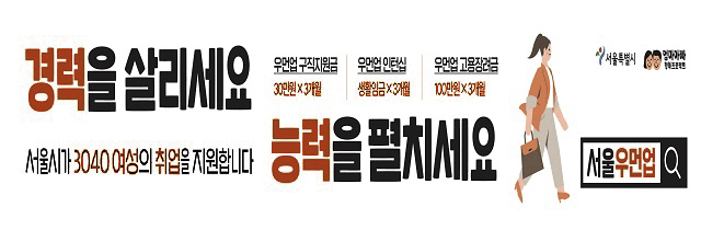 경력을 살리세요 능력을 펼치세요 서울시가 3040여성의 취업을 지원합니다. 우먼업 구직지원금 30만원 x 3개월, 우먼업 인턴십 생활임금 x 3개월, 우먼업 고용장려금 100만원 x 3개월